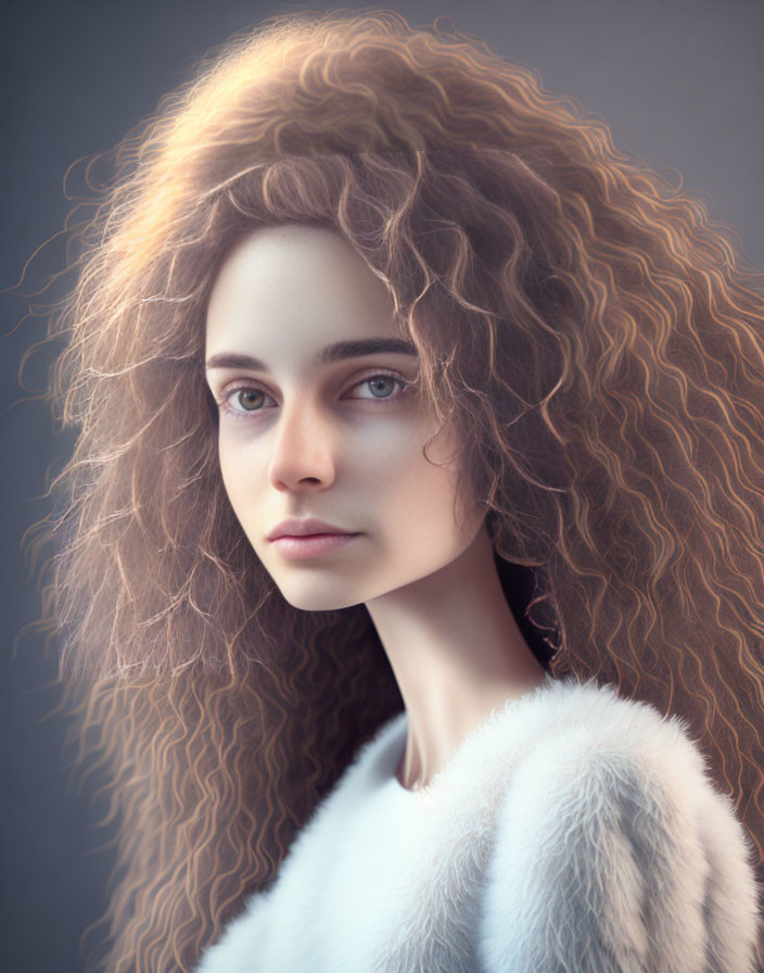 Portrait of woman with curly hair and fur garment on muted background