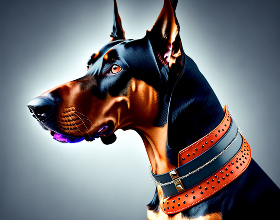 Detailed Digital Portrait of Doberman Pinscher with Studded Collar