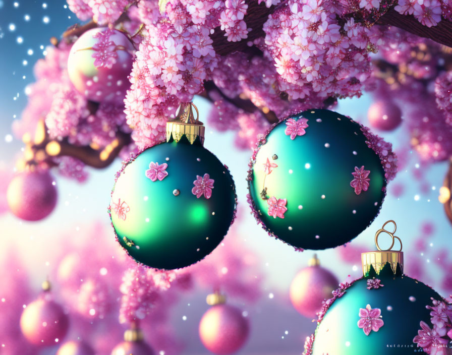 Teal Christmas ornaments on pink cherry blossom tree with snowfall