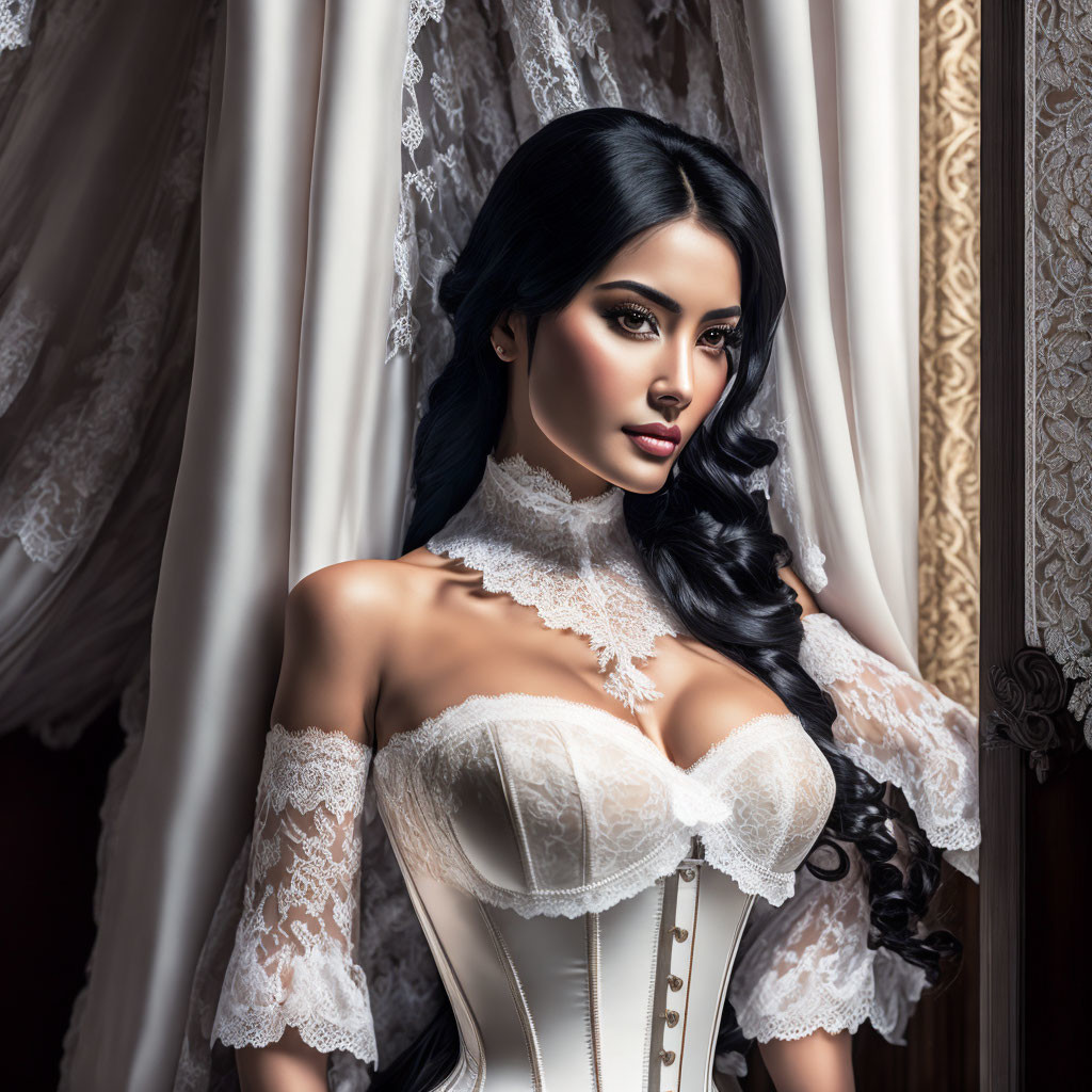 Stylized woman in white corset with dark hair on ornate background