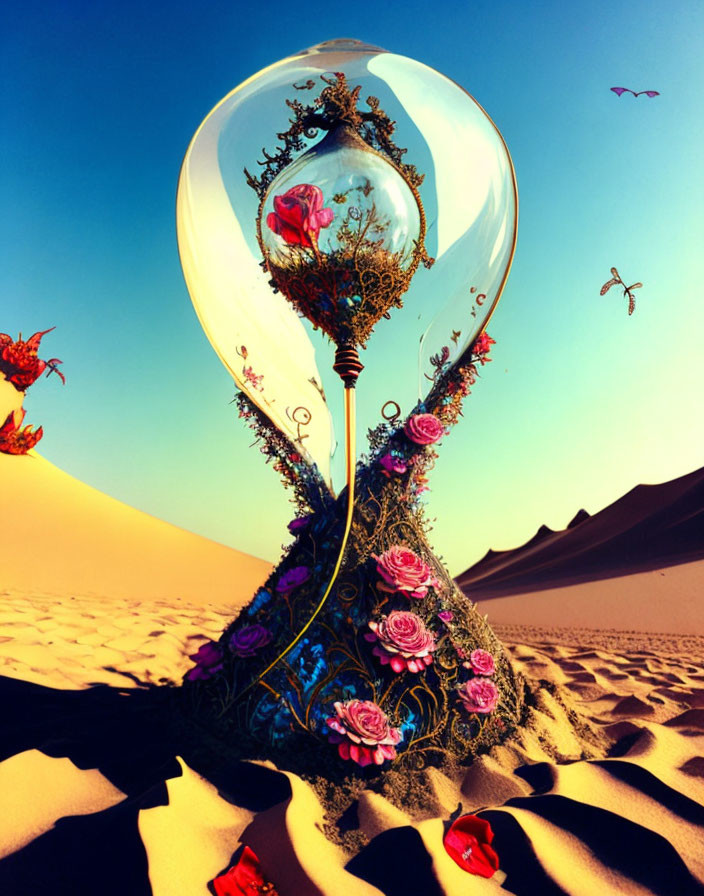 Surreal illustration of ornate lightbulb with flora in desert setting