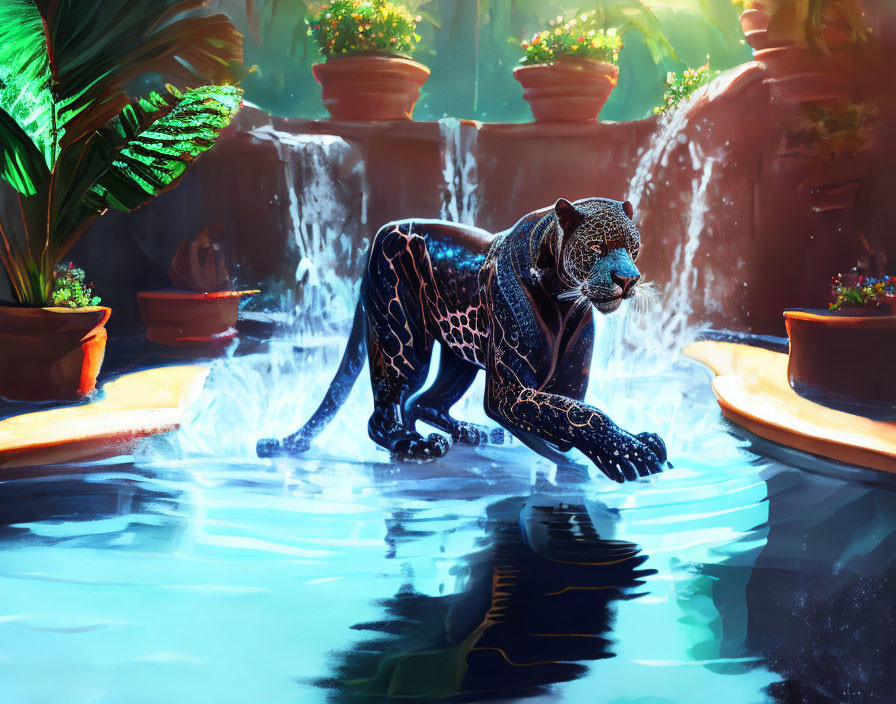 Glowing patterned jaguar in lush pool with pottery and flowers