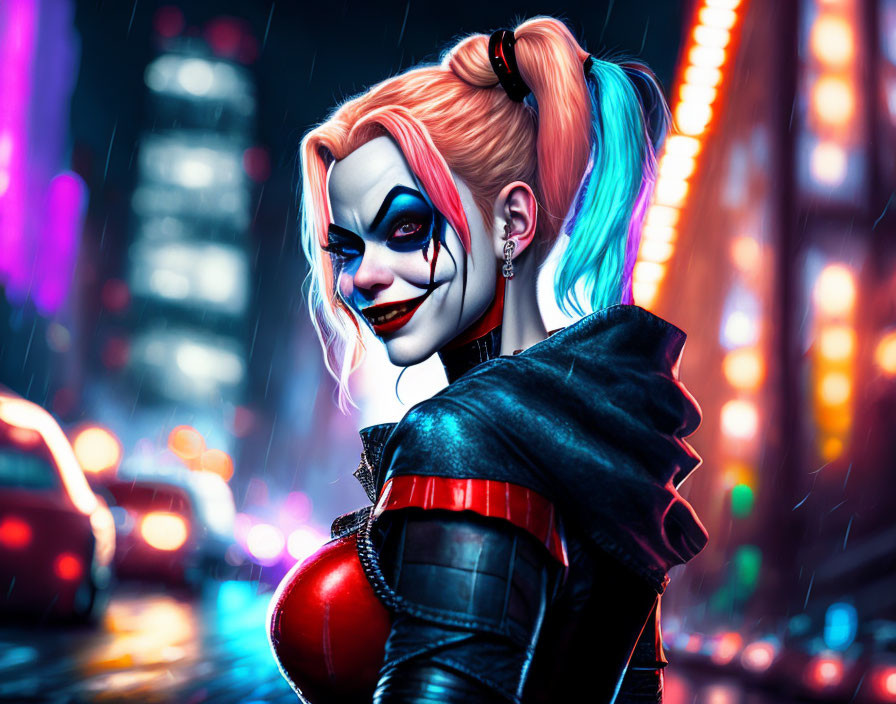 Colorful digital artwork of a smiling woman with clown-like makeup in neon-lit street.