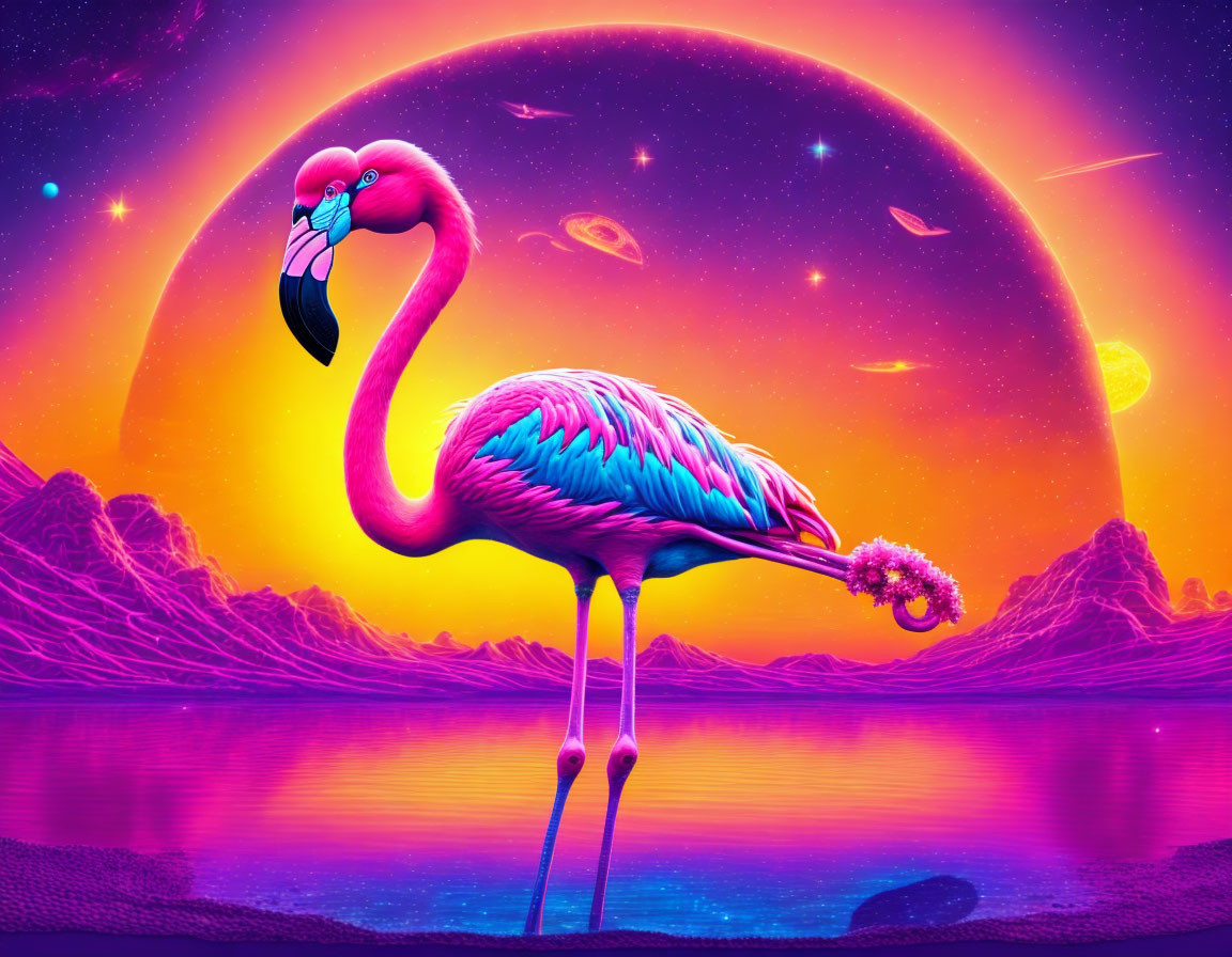 Colorful digital artwork: Pink flamingo by purple lake under neon alien sky