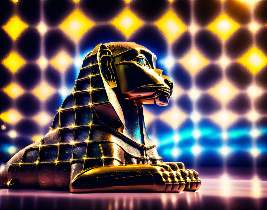 Stylized sphinx figurine with blue and gold bokeh backdrop