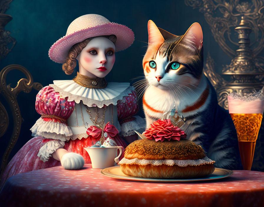 Porcelain doll and cat with human-like eyes at lavish table with pastry, teacup, and