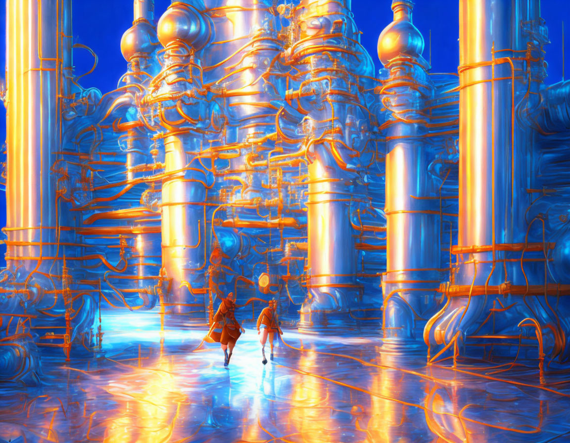 Futuristic neon-lit cityscape digital artwork featuring two figures walking.