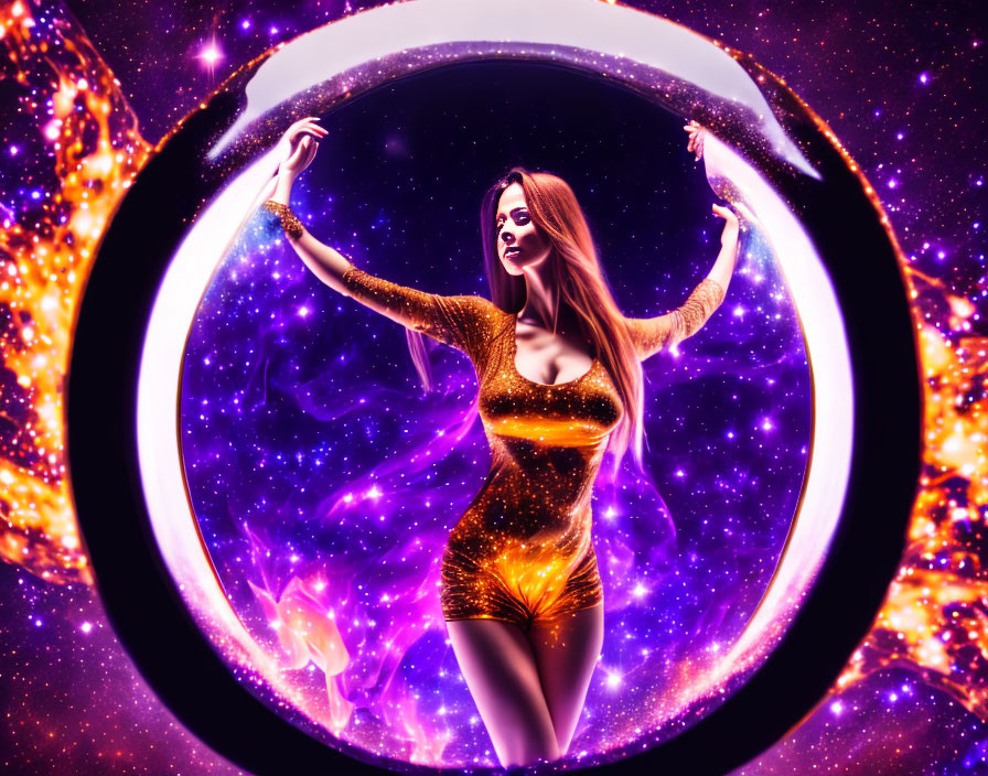 Shimmering golden dress woman in cosmic portal pose