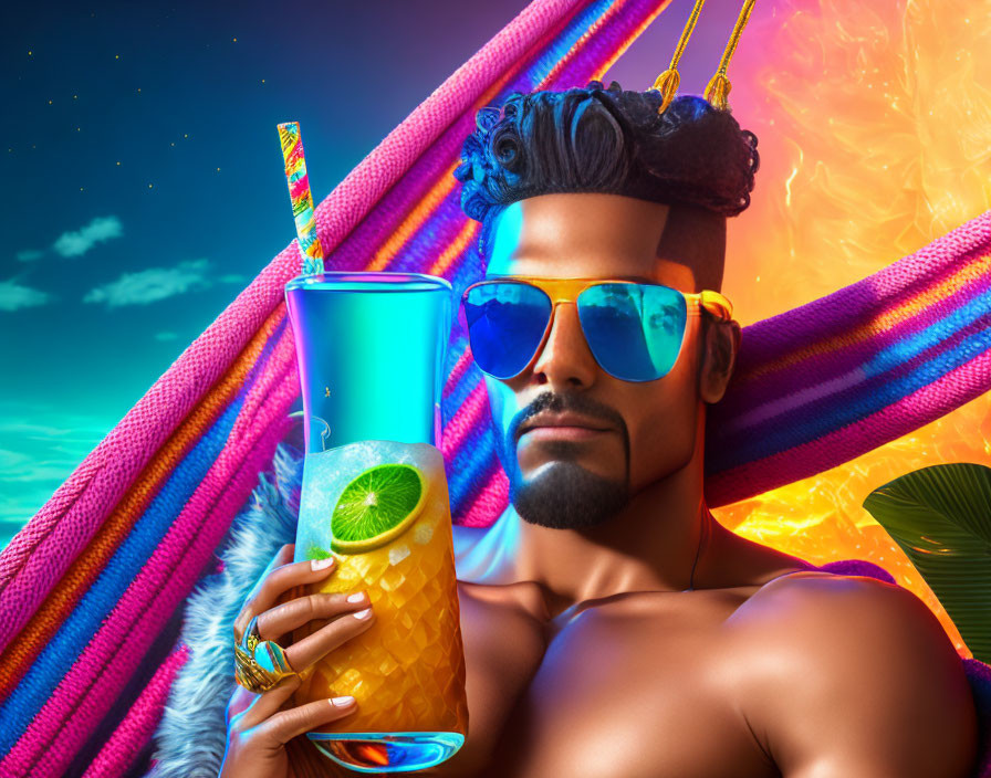 Man with Funky Hairstyle and Blue Sunglasses Holding Drink on Vibrant Abstract Background