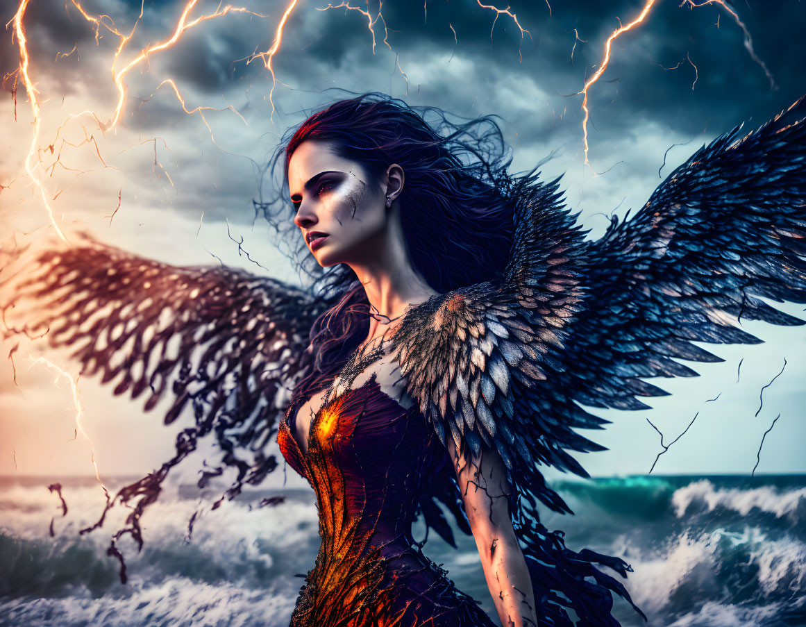 Dark angelic winged woman in stormy ocean backdrop with lightning.