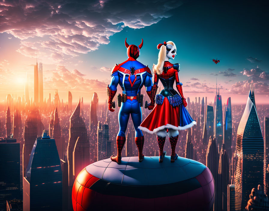 Costumed characters on spherical structure overlooking futuristic cityscape at sunset