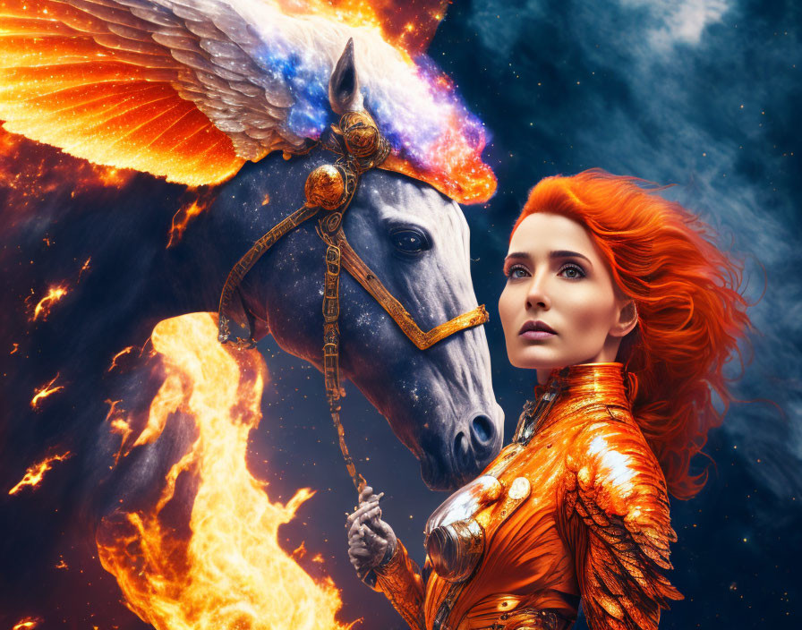 Fiery red-haired woman in ornate armor with majestic winged horse against cosmic backdrop