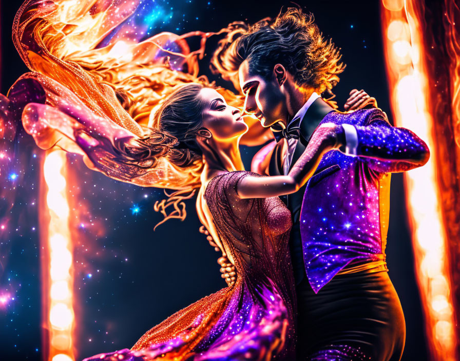 Vibrant man and woman in dance pose with flames and cosmic effects