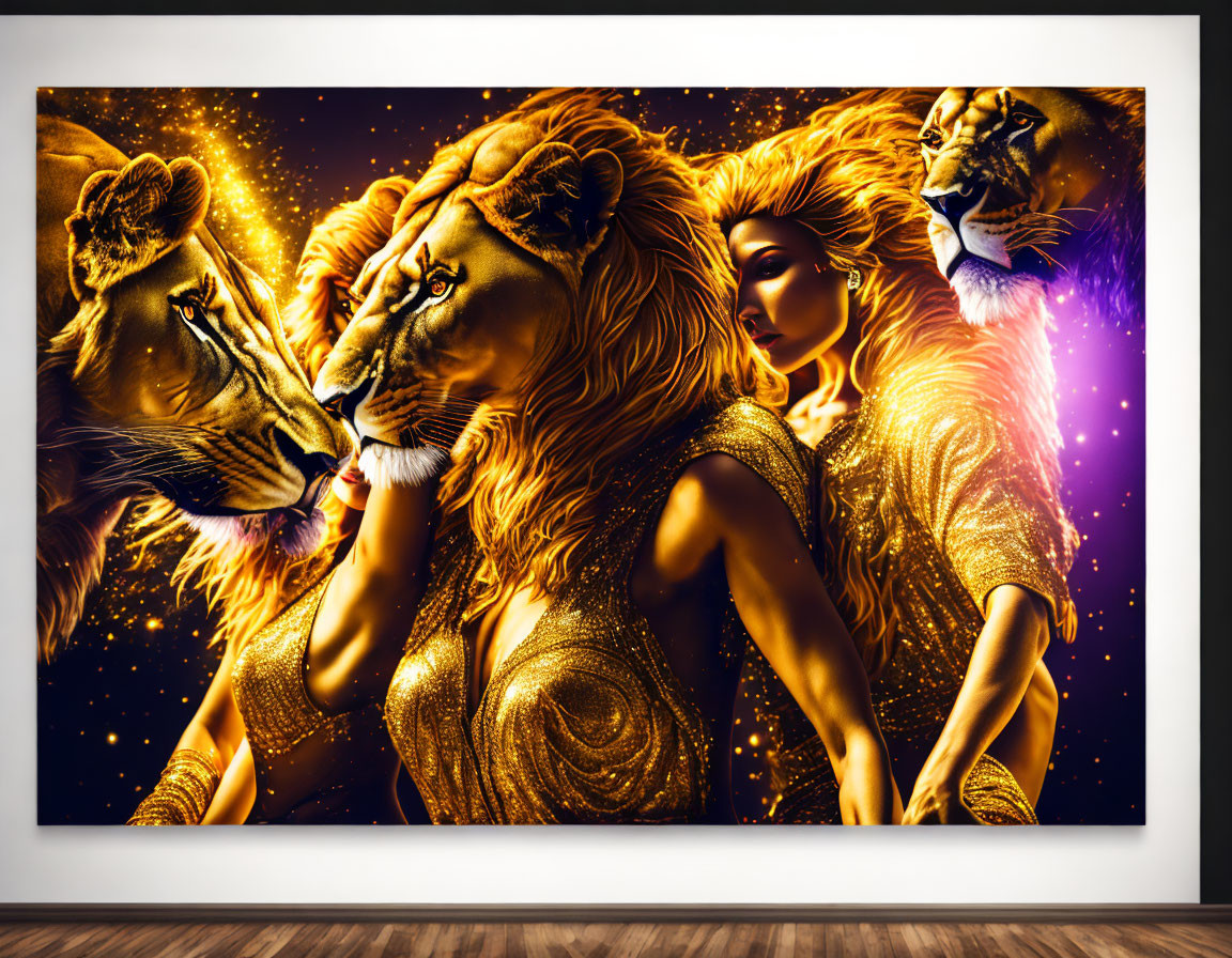 Three golden lions in cosmic background on large canvas.