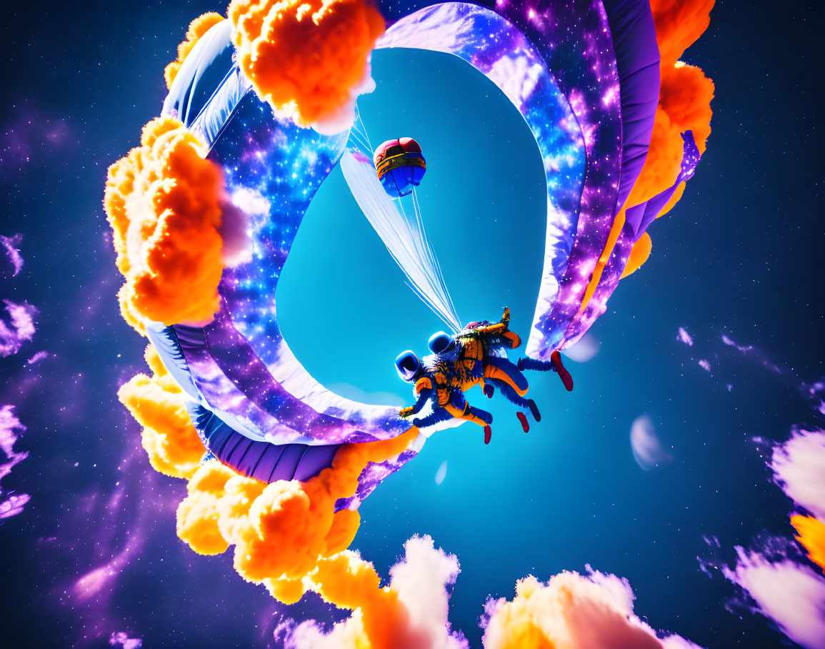 Skydiving scene with cosmic ring, orange clouds, and hot air balloon