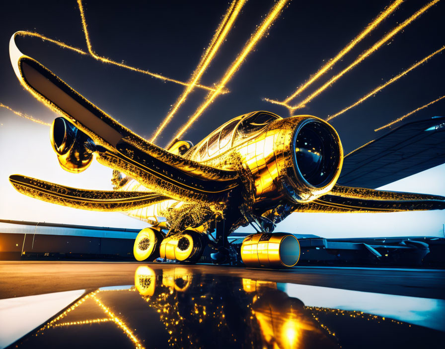 Golden reflective airplane illuminated by light streaks in twilight sky