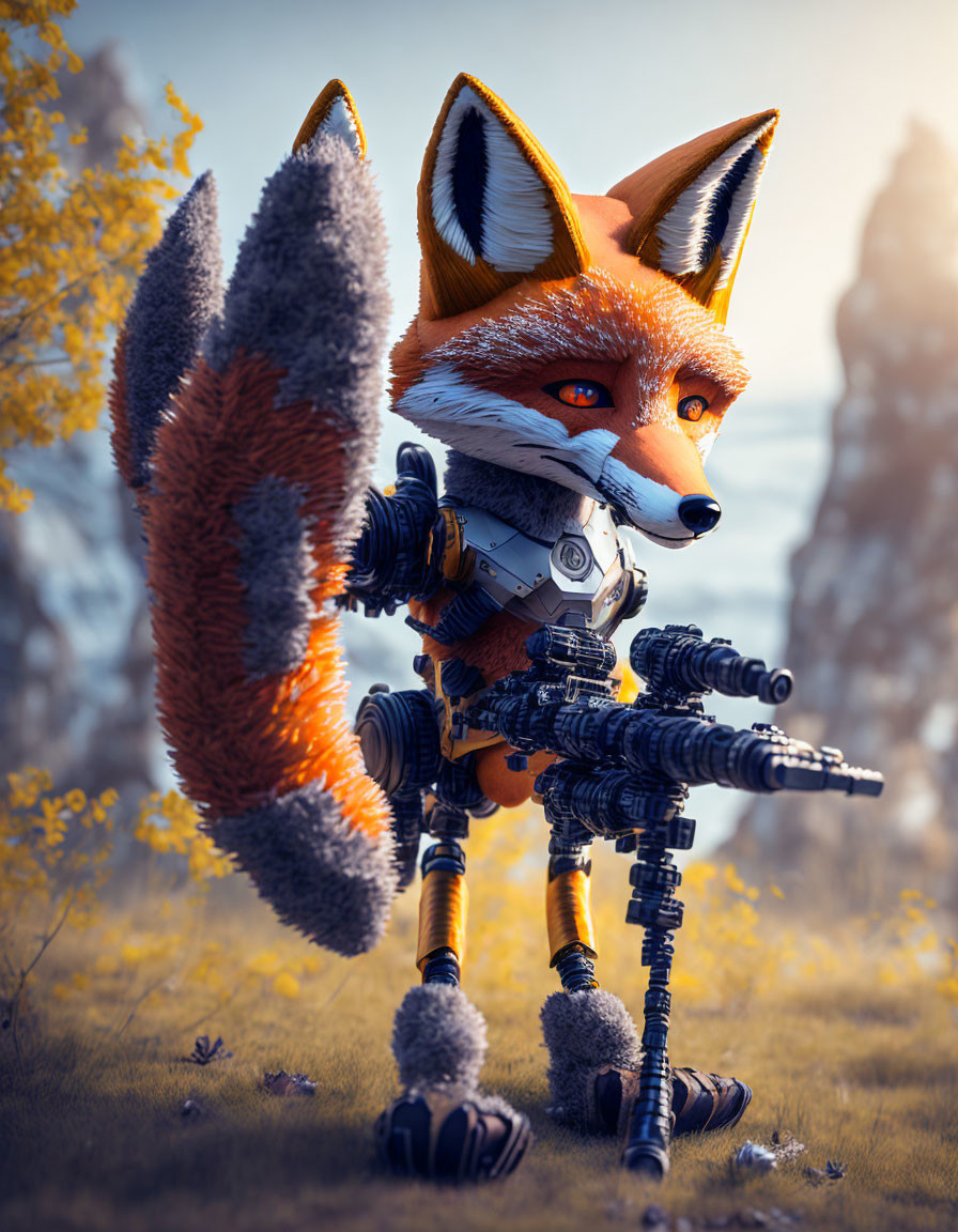 Robotic fox with orange fur in natural setting