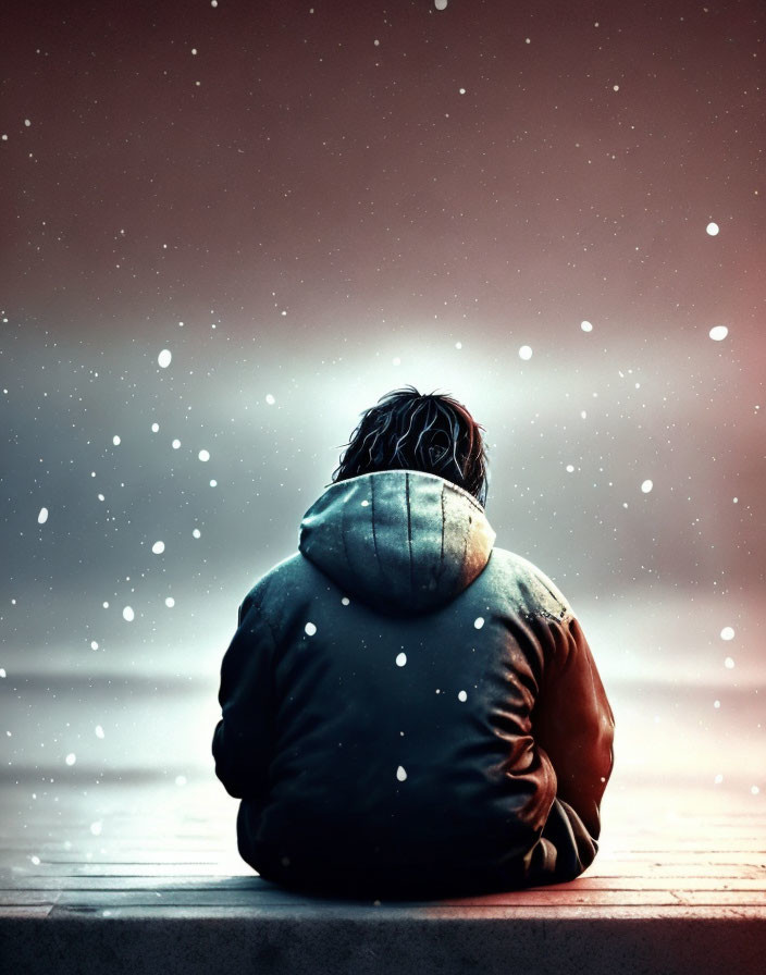 Person in Warm Jacket Sitting on Steps in Tranquil Snowfall