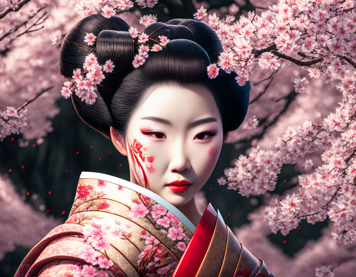 Geisha portrait with intricate hairstyles and cherry blossoms in floral kimono