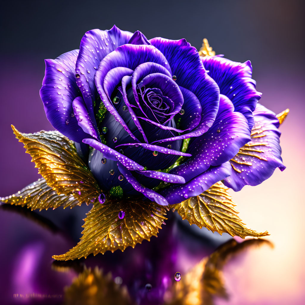 Vibrant Purple Rose with Gold-Edged Petals on Soft-Focus Background