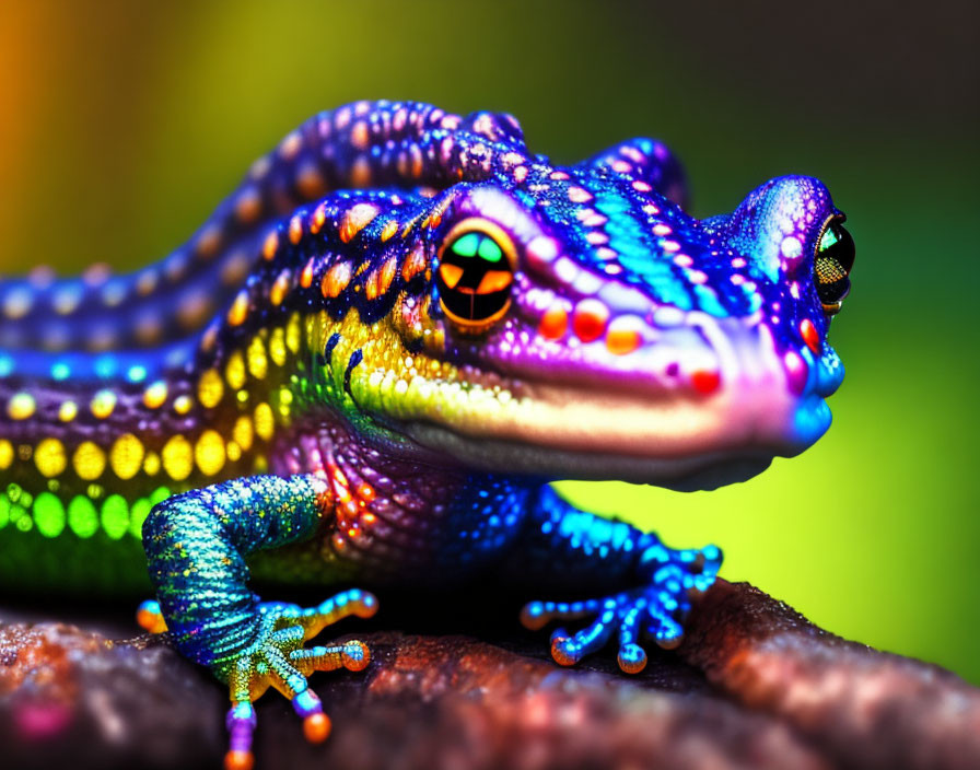 Vivid Blue, Purple, and Gold Iridescent Lizard on Branch