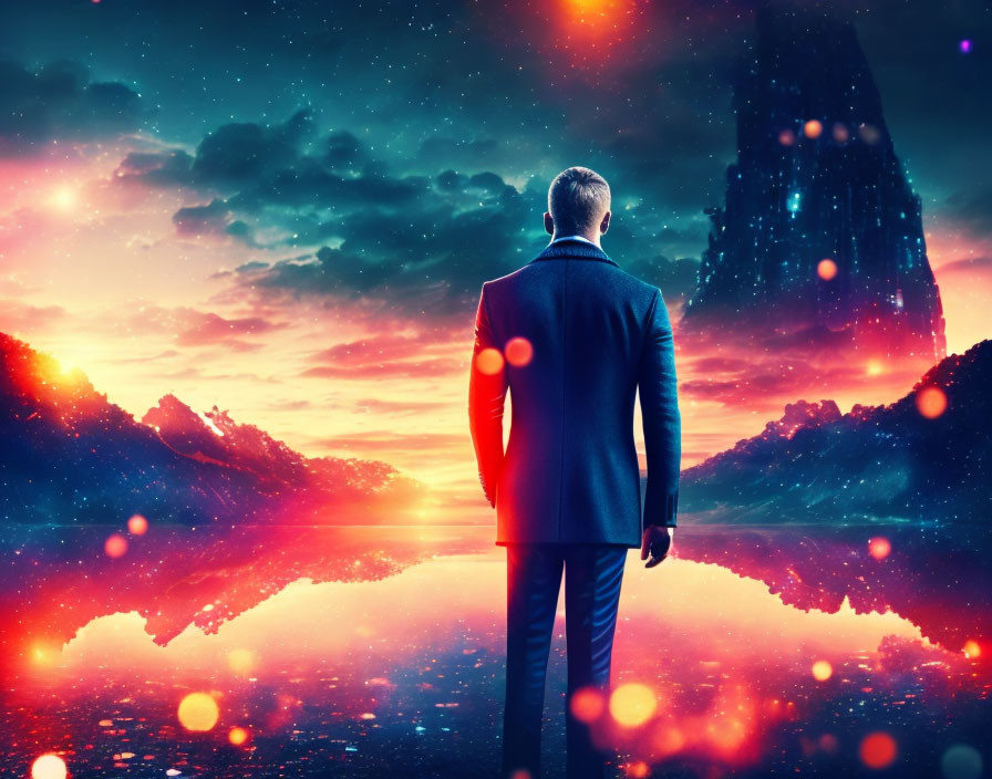 Man in suit contemplates surreal landscape with reflective lake and glowing monolith