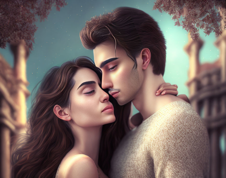 Intimate close-up digital illustration of man and woman in romantic moment at twilight