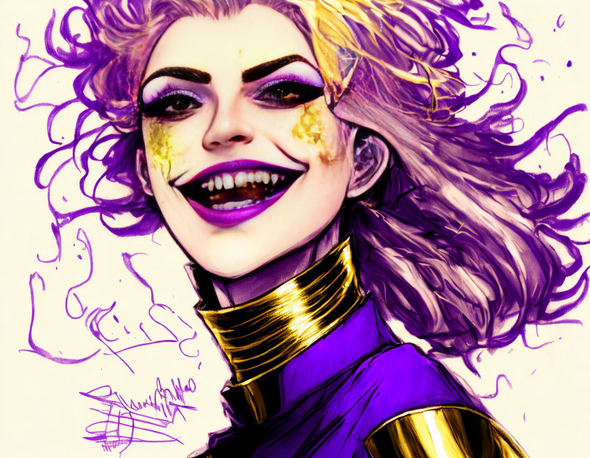 Colorful character illustration with wide grin and purple attire