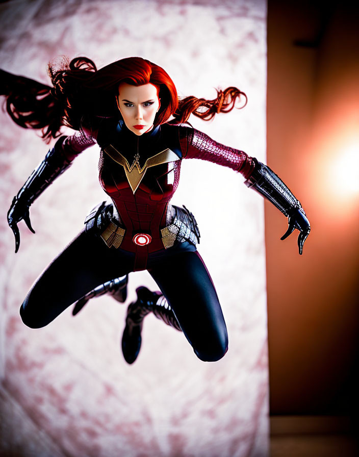 Female superhero with red hair in detailed suit and star emblem, mid-air pose.