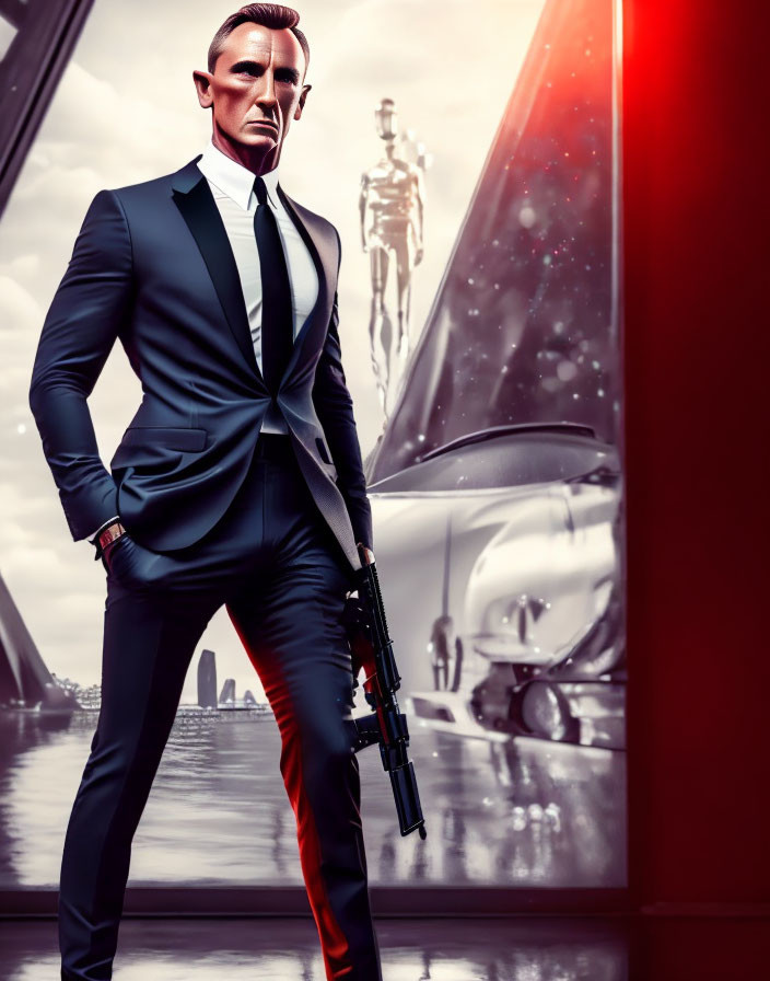 Man in suit with gun, futuristic vehicles, and figure in red light.