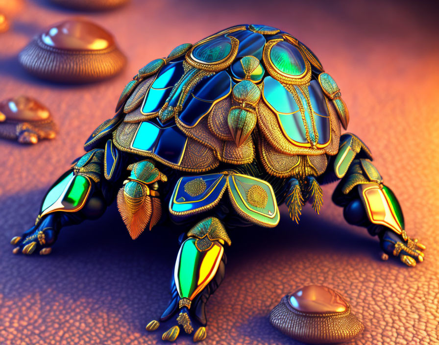 Detailed Digital Artwork: Mechanical Turtle with Ornate Iridescent Shell on Textured Orange Background