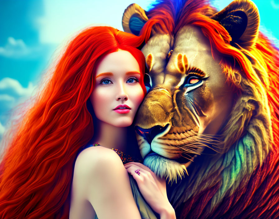 Colorful artwork: woman with red hair and lion against blue sky