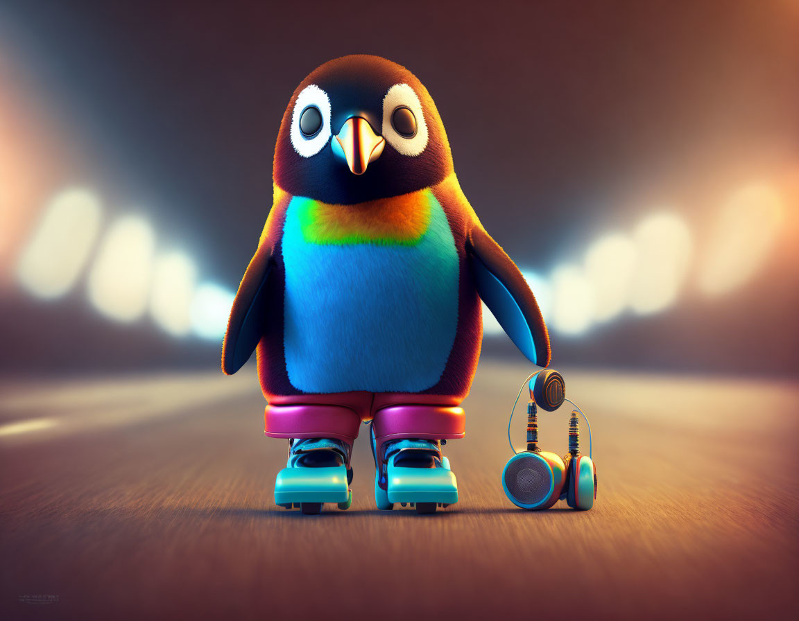 Colorful cartoon penguin on roller skates with headphones on wooden surface