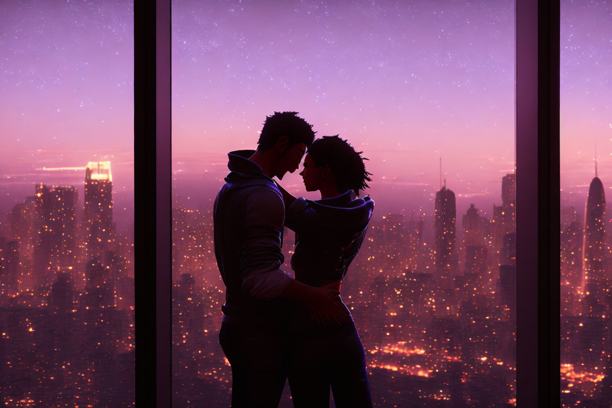 Silhouette of couple embracing by window with city skyline view at twilight