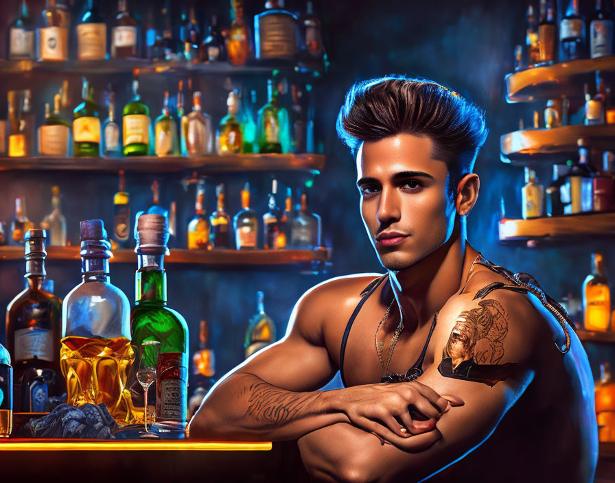 Confident young man with arm tattoo leaning on bar counter with liquor bottles in background