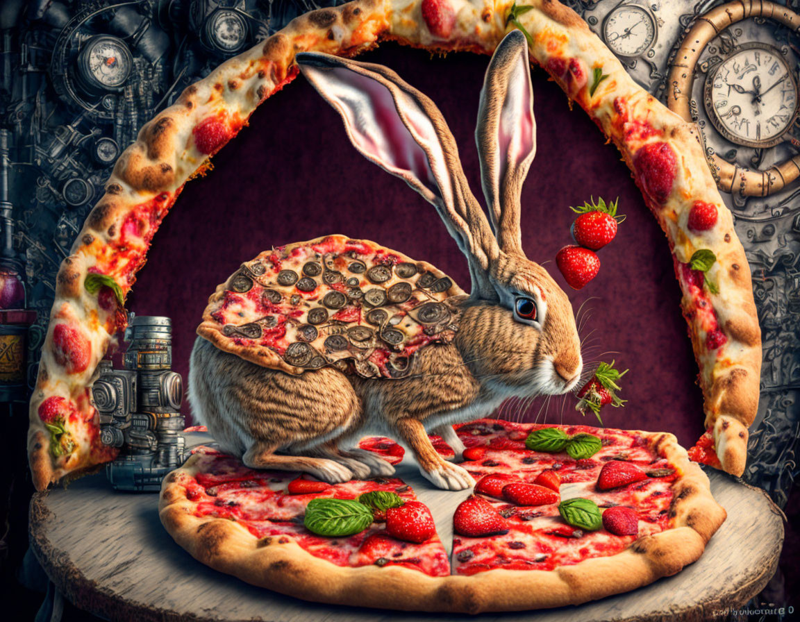 Whimsical digital artwork: Rabbit with pizza crust body, gears, strawberries, varied pizza toppings