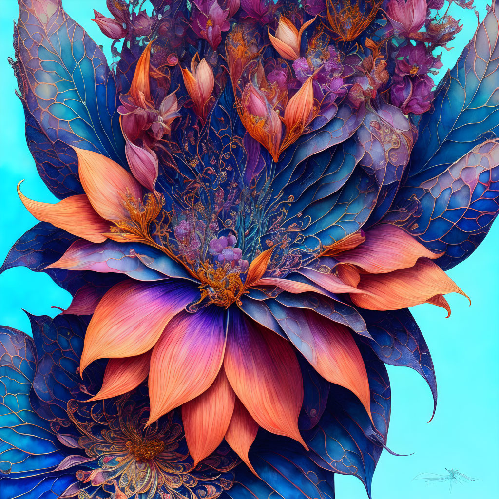 Colorful digital artwork: Overlapping fantastical flora in blue, orange, and purple on soft blue