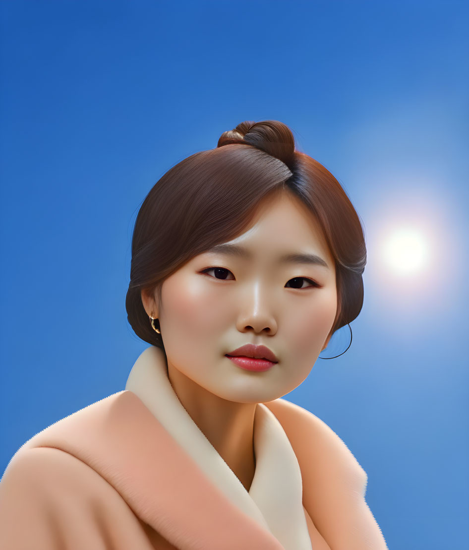 Digital art portrait of woman in top bun, light pink coat, against blue background.