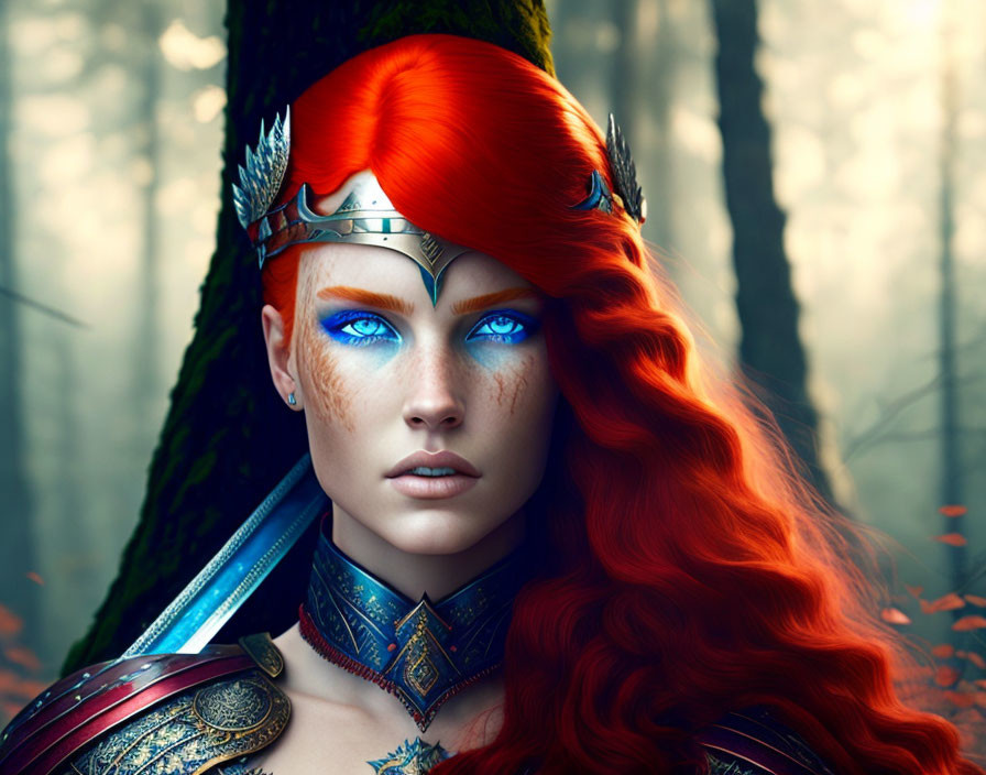 Vibrant red-haired female warrior in detailed armor against forest backdrop