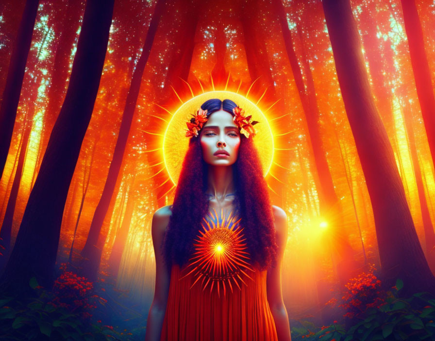 Mystical woman with illuminated headdress in ethereal forest landscape