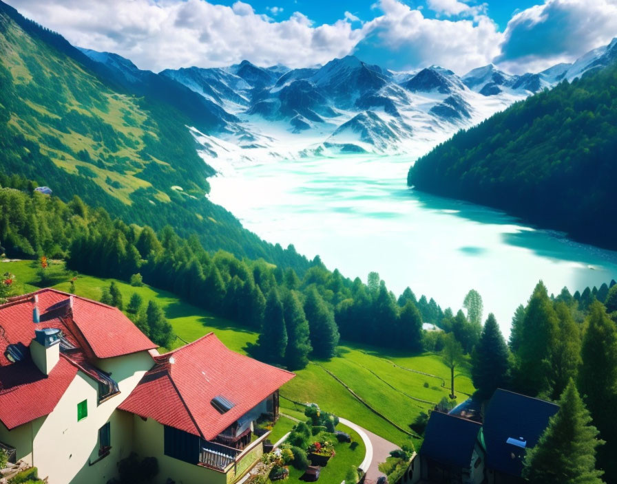 Tranquil mountain lake with snowy peaks and greenery