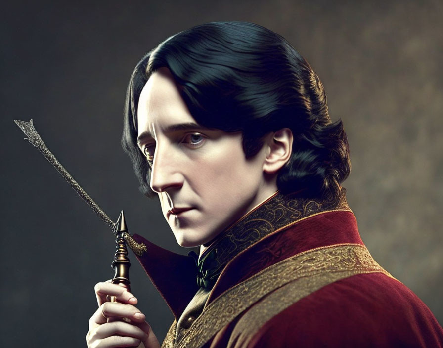 Realistic digital portrait of a man with dark hair holding a wand in a red cloak with gold details