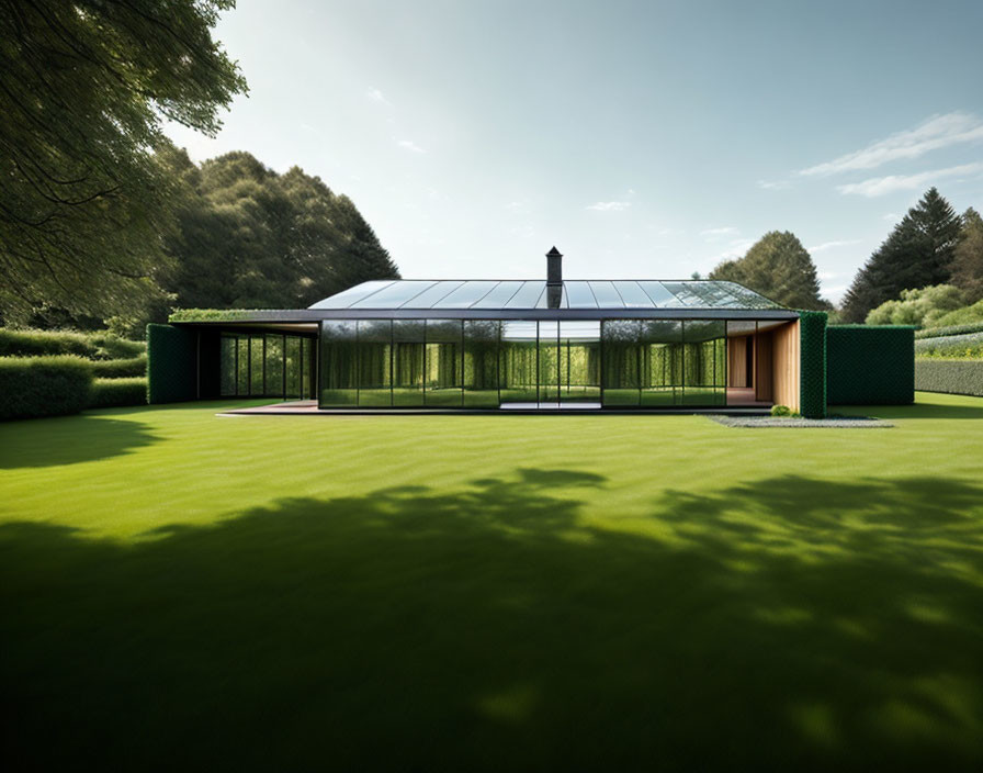 Contemporary single-story house with glass walls, green roof, manicured lawns, and trees under