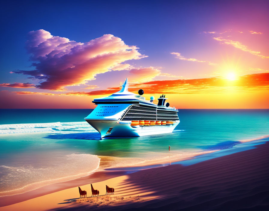 Cruise Ship Approaching Sandy Beach at Sunset