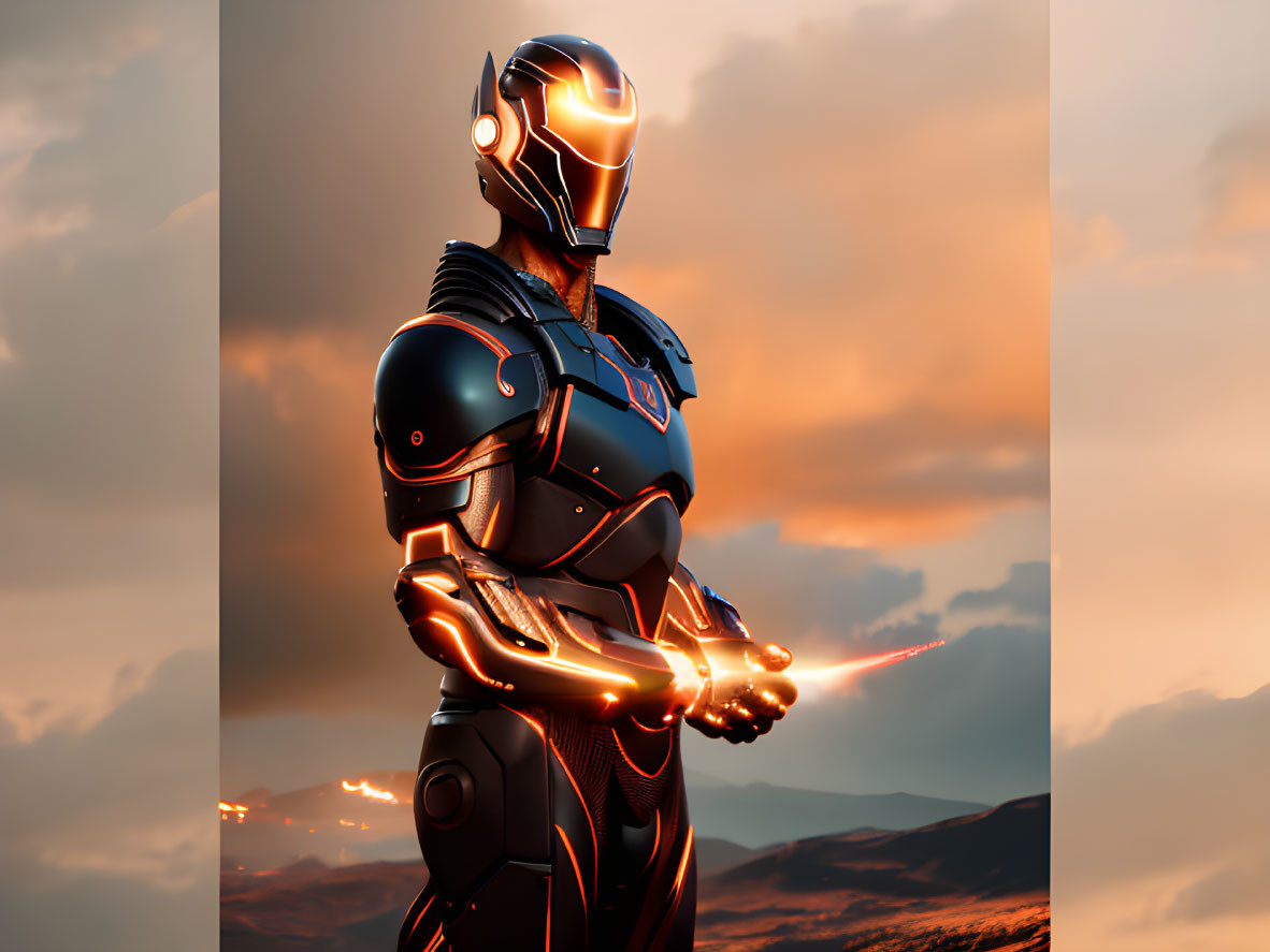Futuristic humanoid robot in black armor against sunset sky