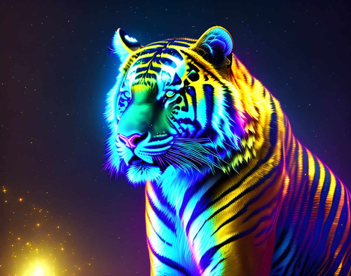 Colorful Tiger Artwork with Neon Stripes on Starry Night Sky