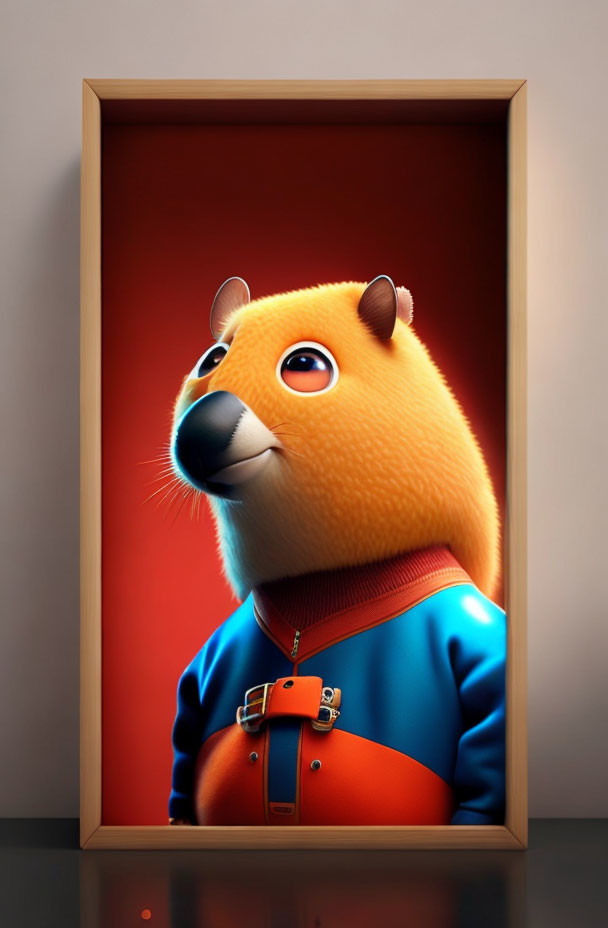 Anthropomorphic orange rodent in blue and orange suit illustration framed on wall