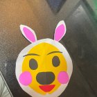 Animated Egg Bunny Character Holding Pink Ticket on Sparkly Background