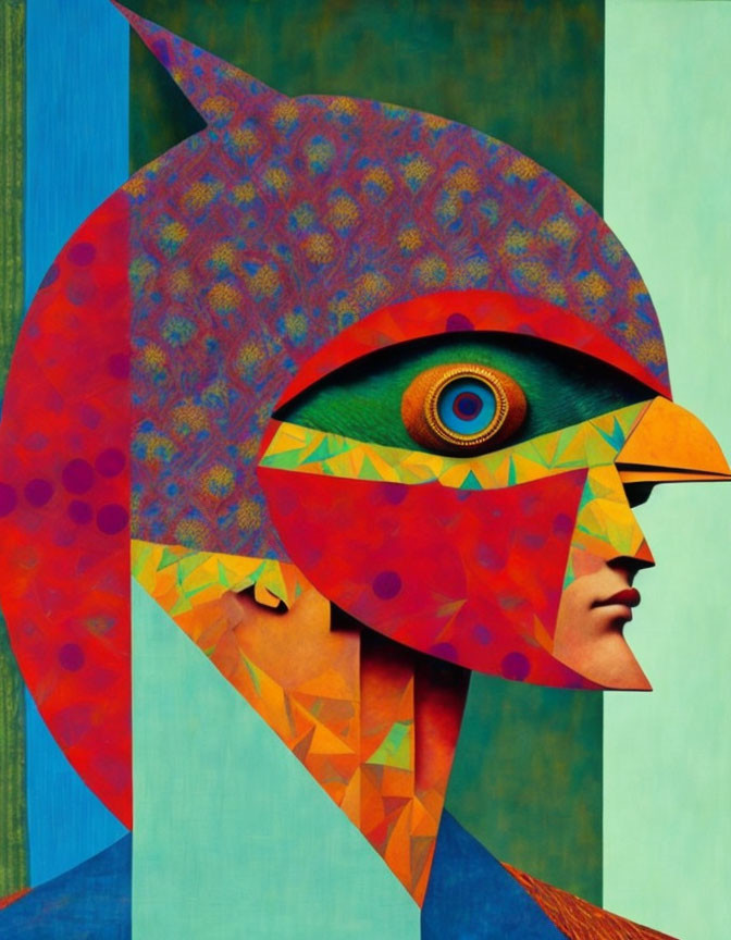 Abstract Bird-like Figure with Geometric Shapes and Central Eye