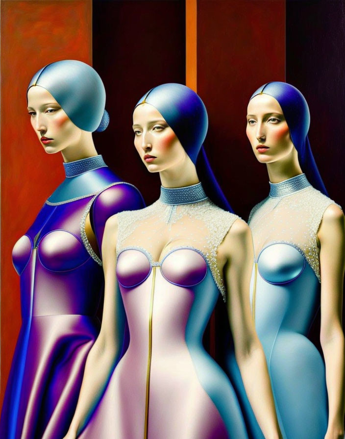 Stylized female figures in futuristic bodysuits on red background